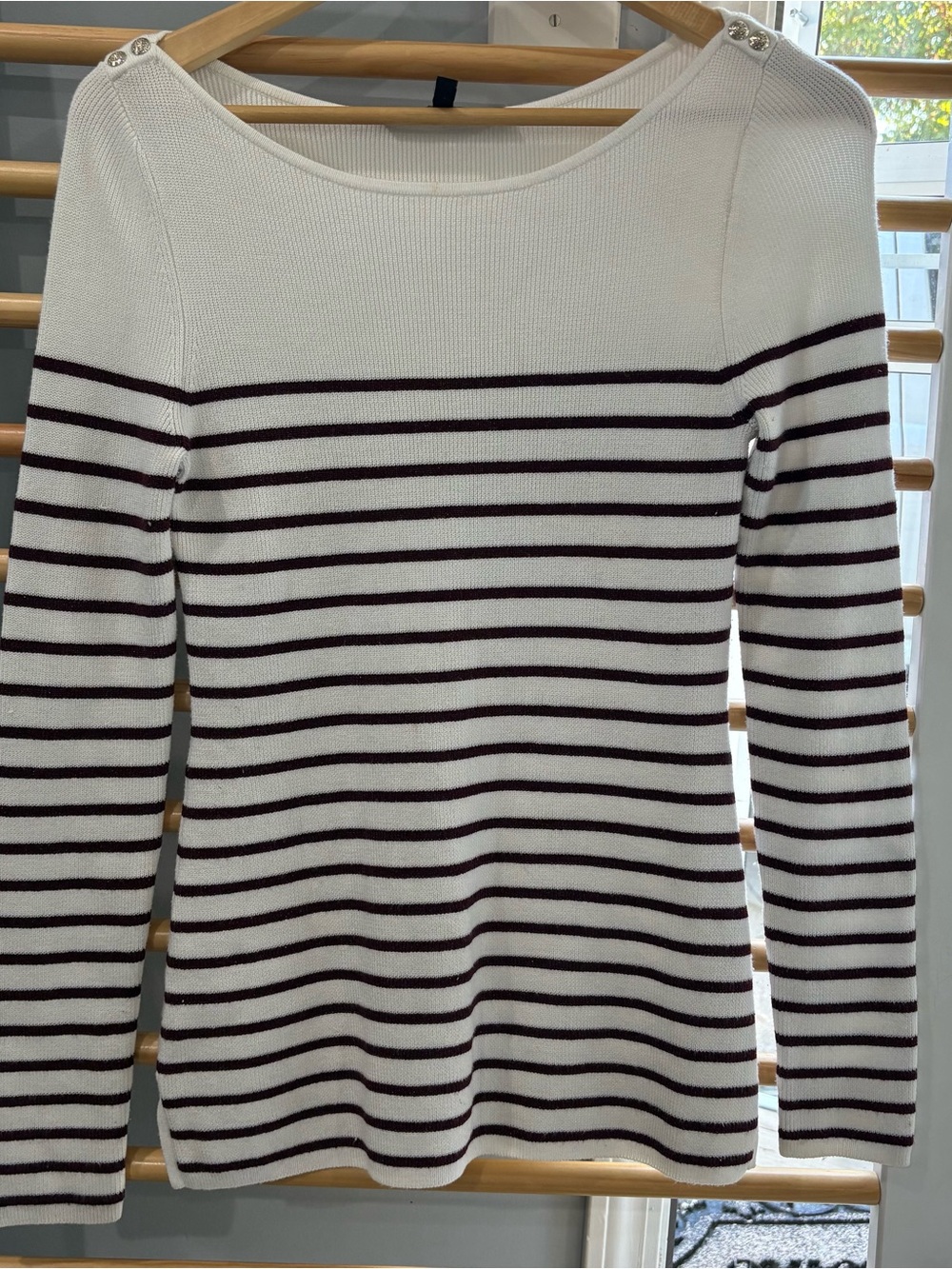 White House Black Market women Cream Boatneck Sweater with Dark Brown Stripes xs